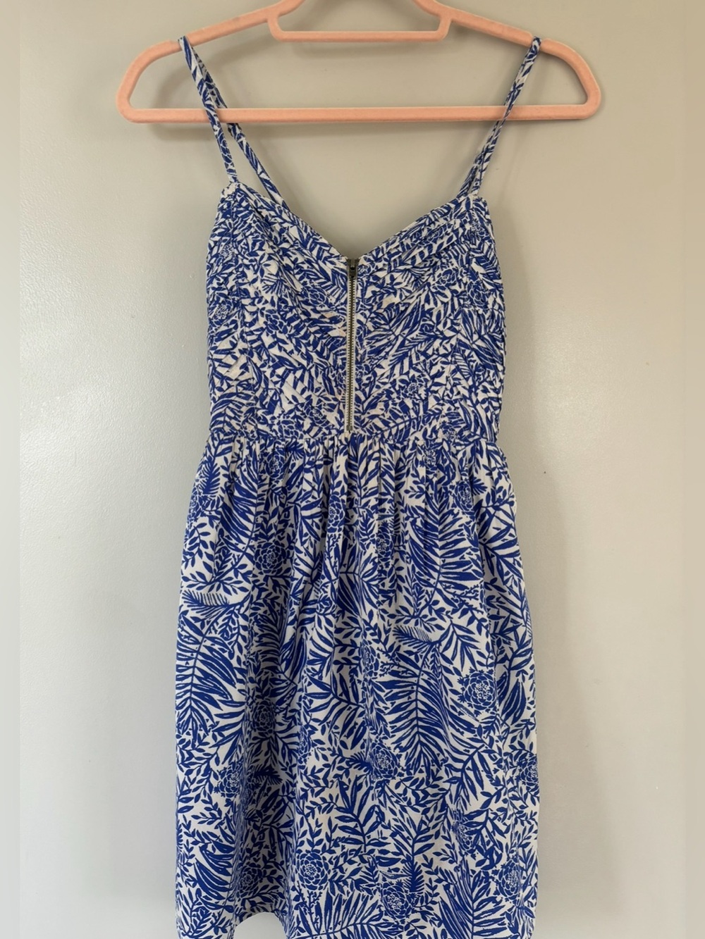 Roxy Blue and White Leaf-Print Spaghetti Strap Sundress